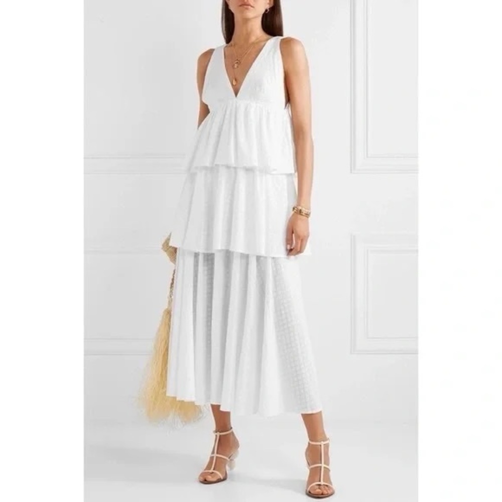 RHODE Resort Leela Tiered V-Neck White Cotton Ruffle Midi Dress – Sz. 4 Bridal